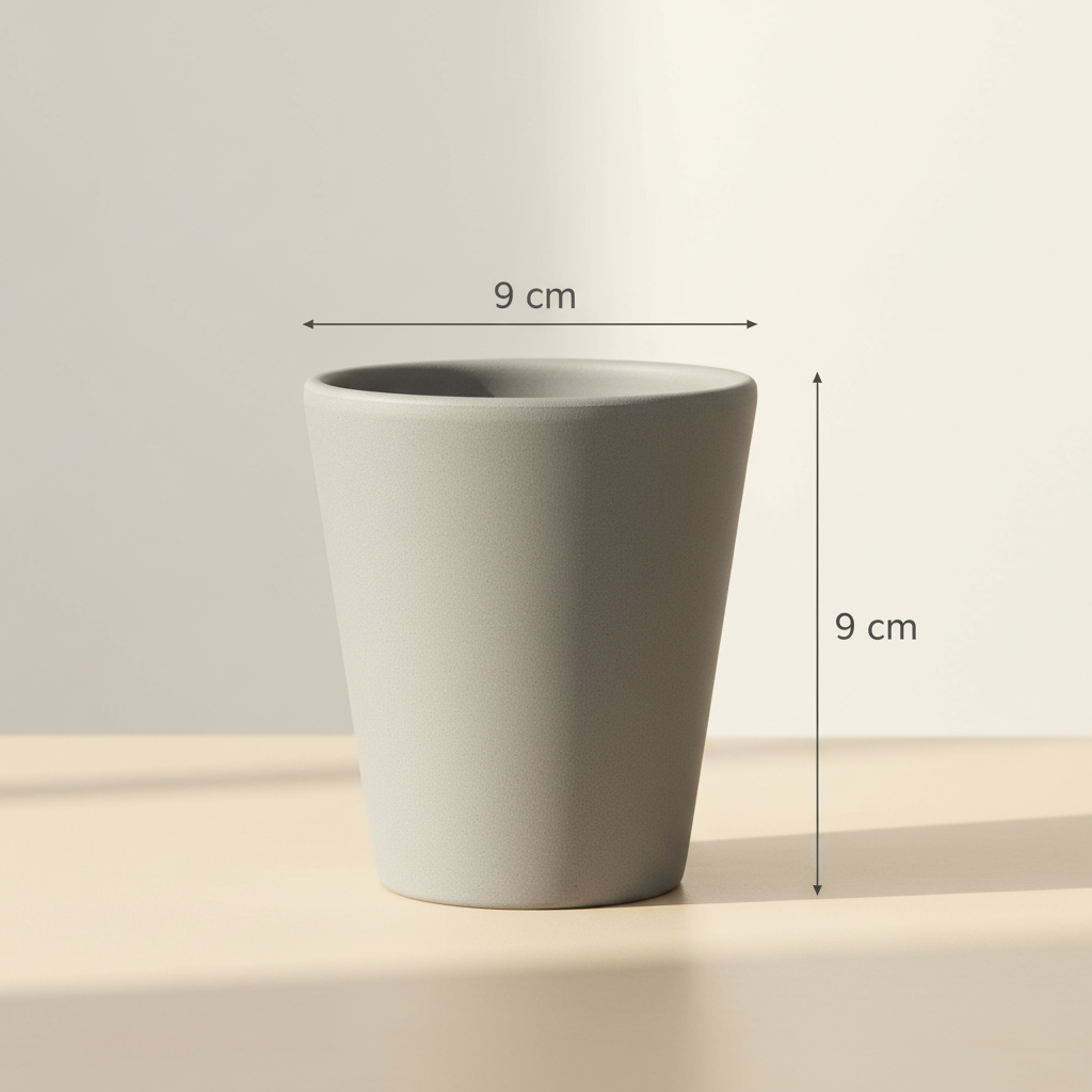 Minimal grey planter with 9 cm measurement lines