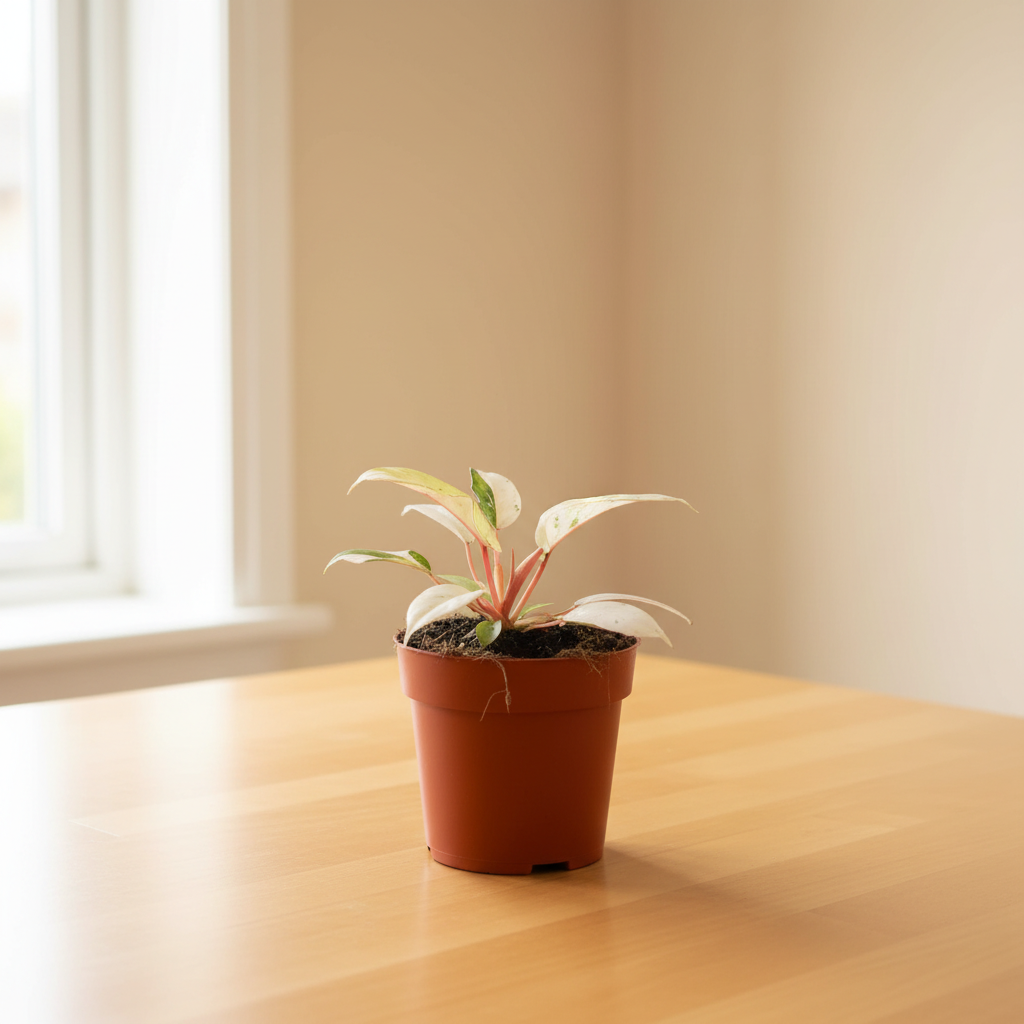Philodendron Snowdrift – Brown Nursery Pot, Living Room Tabletop