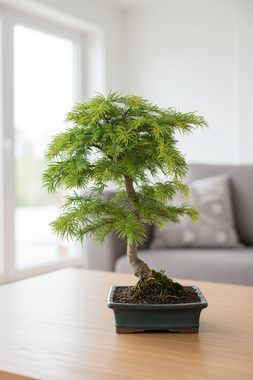 Pseudolarix bonsai on a tabletop