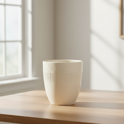 Single ivory ribbed ceramic pot on a tabletop