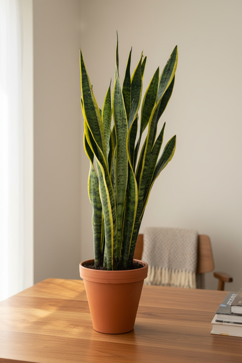 Snake Plant - Sansevieria Laurentii - Terracotta Pot on Tabletop