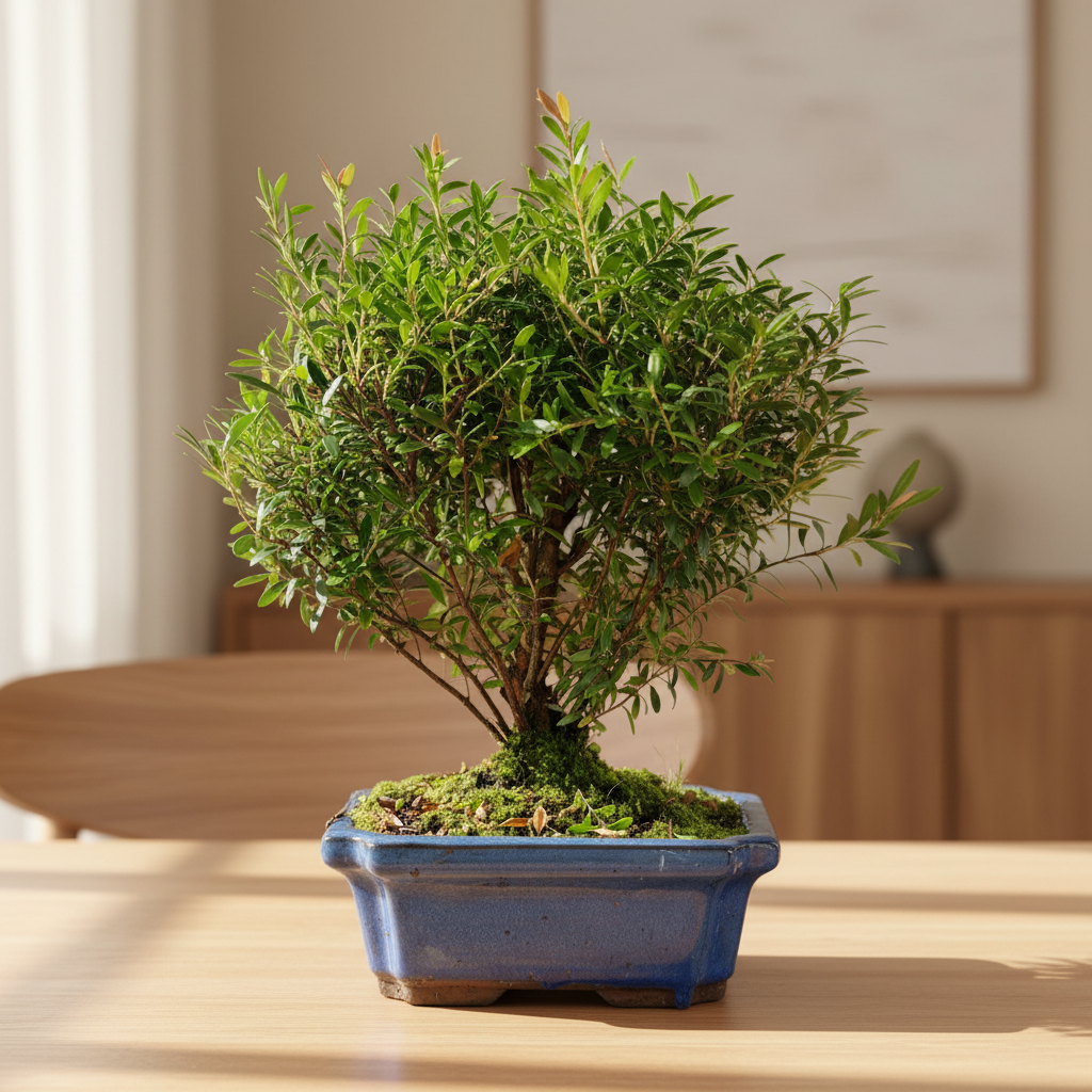 Syzygium buxifolium bonsai on a tabletop