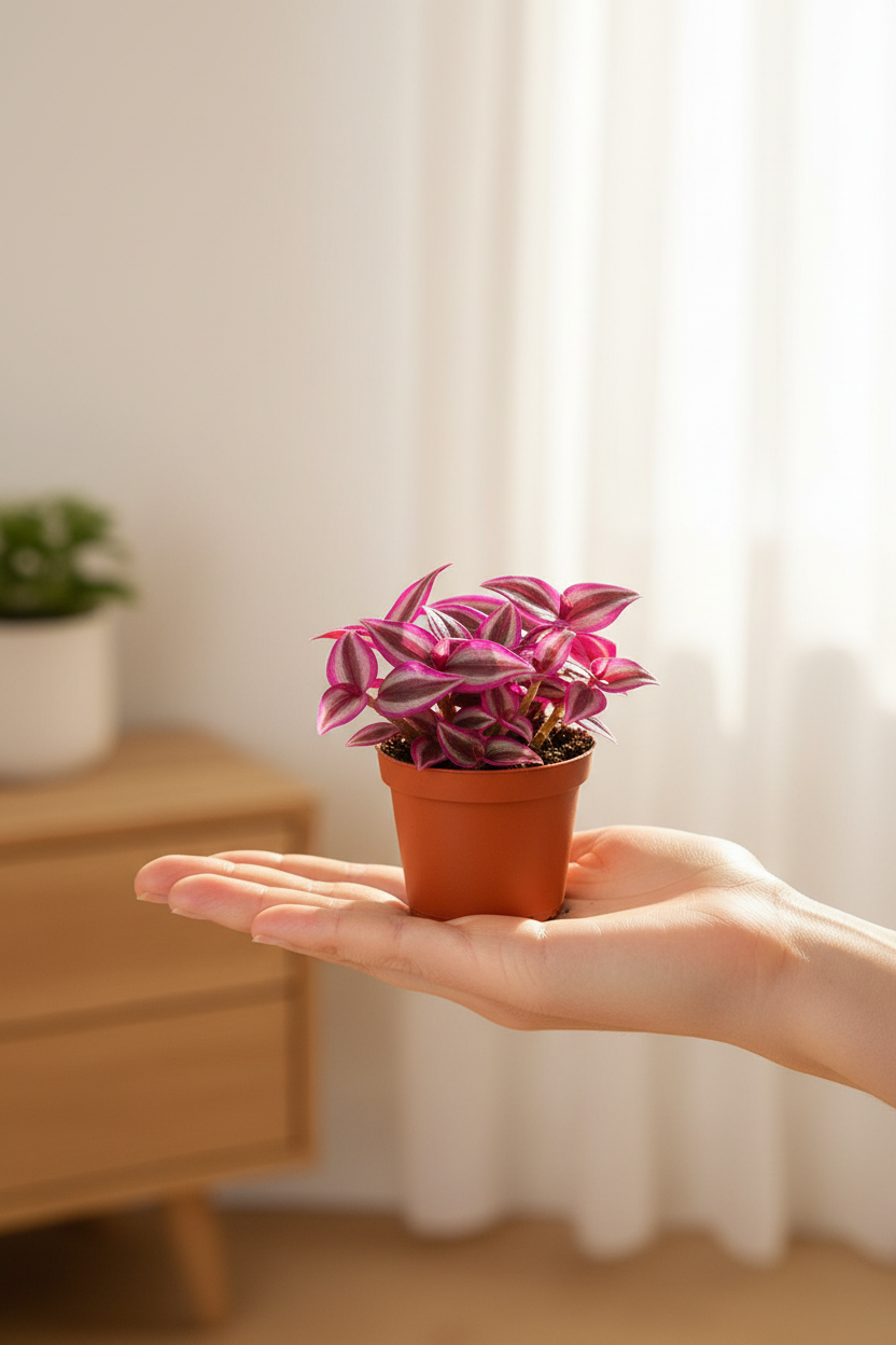Tradescantia Pink Paradise — Tiny Pot in Palm Morning Light