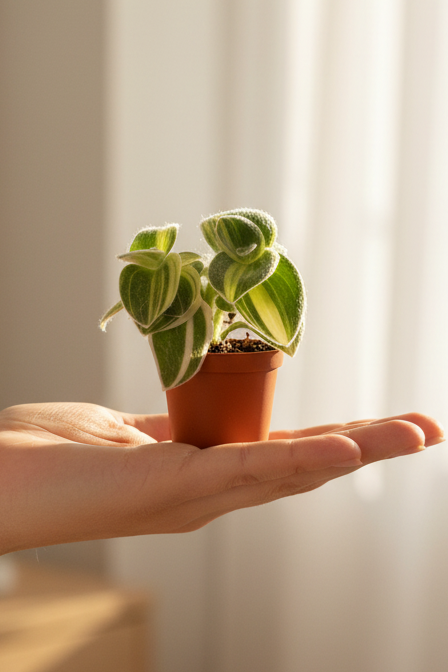 Tradescantia Sillamontana Variegata — Tiny Pot in Palm Morning Light