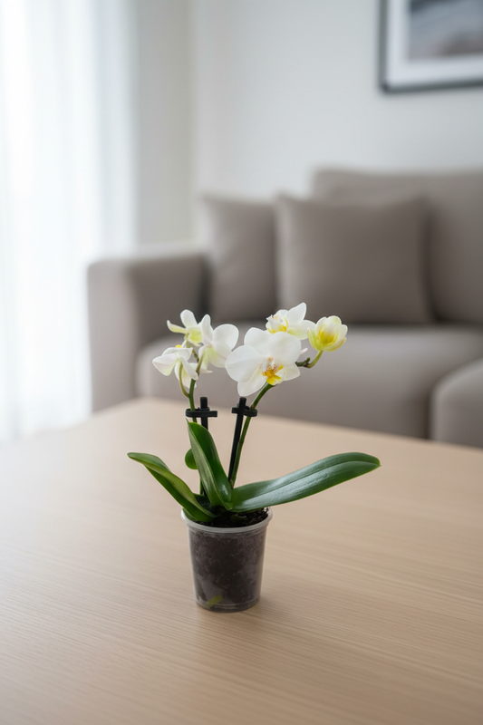 Both mini orchids together on a tabletop