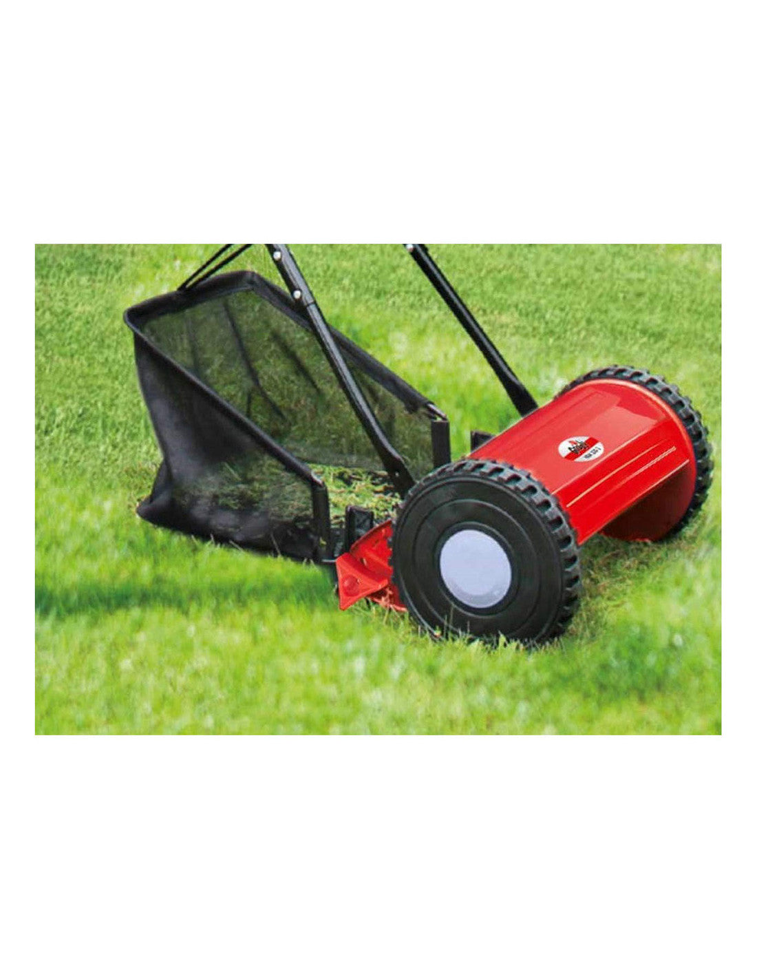 Best quality manual lawn mower available for online purchase in Kuwait, featuring a red cylindrical blade and black grass collection bag, ideal for gardening enthusiasts.