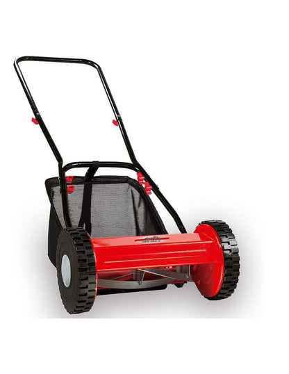 Best quality manual lawn mower available for online purchase in Kuwait, featuring a red cylindrical blade and black grass collection bag, ideal for gardening enthusiasts.