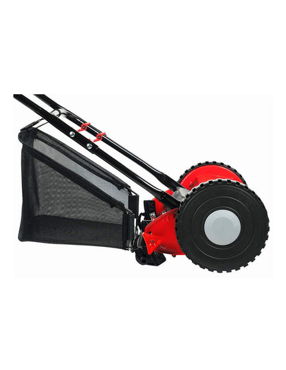 Best quality manual lawn mower available for online purchase in Kuwait, featuring a red cylindrical blade and black grass collection bag, ideal for gardening enthusiasts.