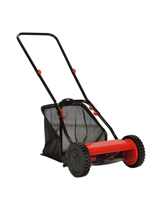 Best quality manual lawn mower available for online purchase in Kuwait, featuring a red cylindrical blade and black grass collection bag, ideal for gardening enthusiasts.