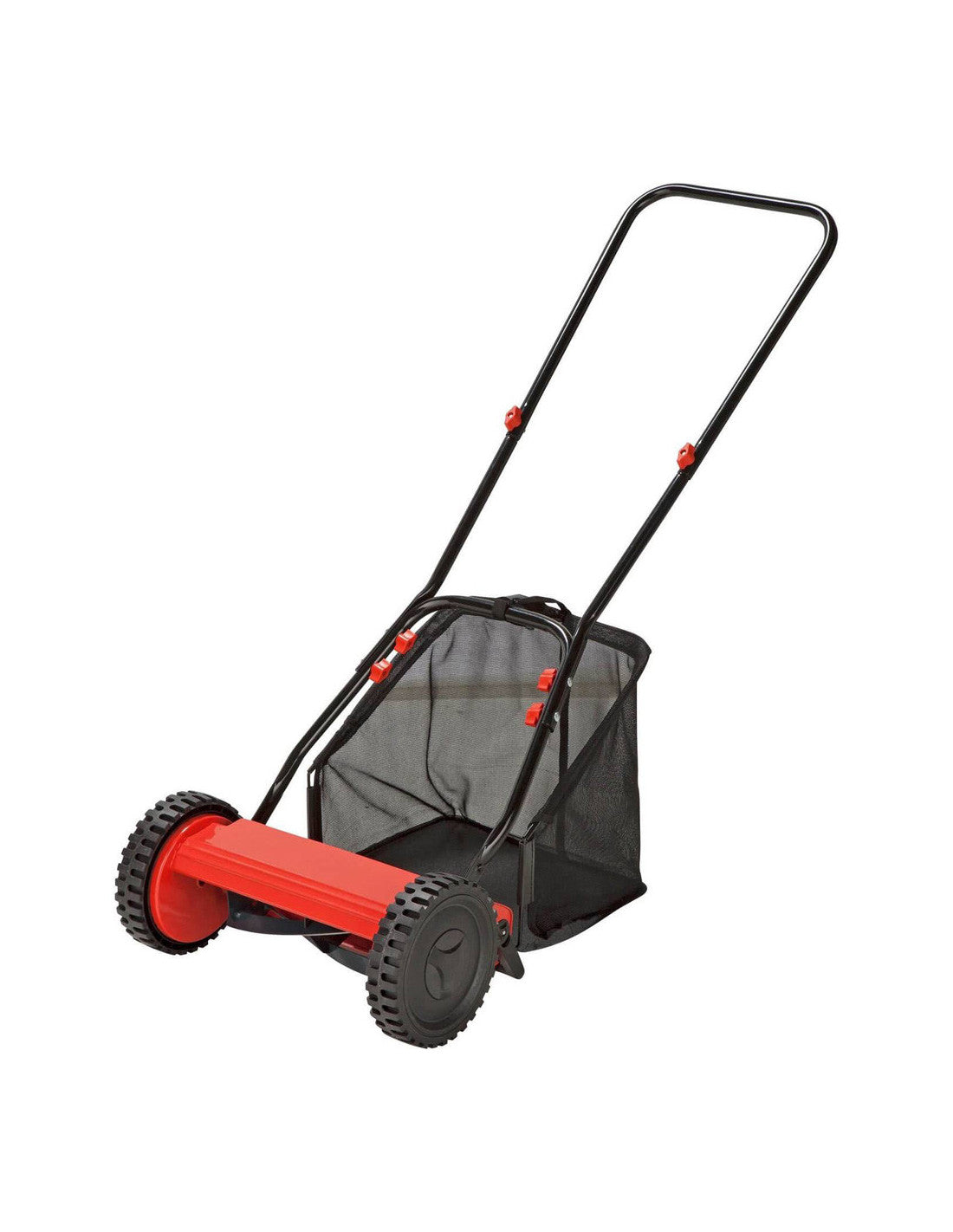 Best quality manual lawn mower available for online purchase in Kuwait, featuring a red cylindrical blade and black grass collection bag, ideal for gardening enthusiasts.