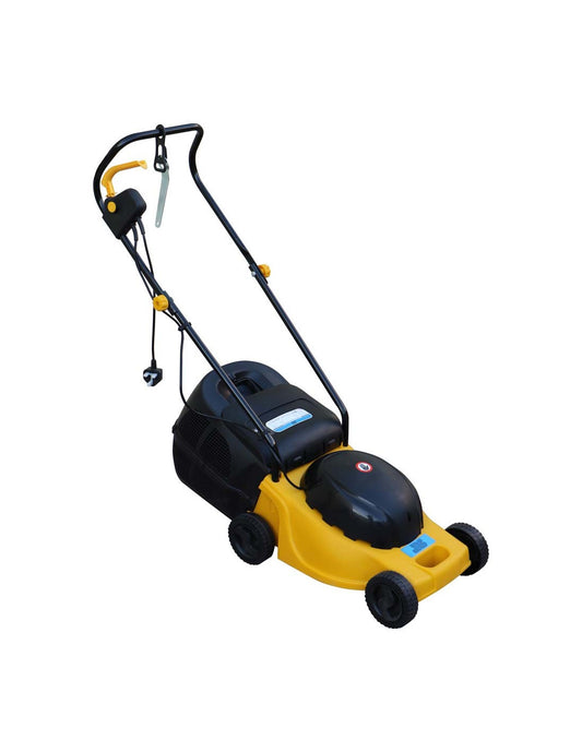 Purchase the XYM E3002 electric lawn mower in Kuwait, featuring a 1200W motor, yellow and black design, and a spacious collection box, perfect for efficient grass cutting and garden maintenance.