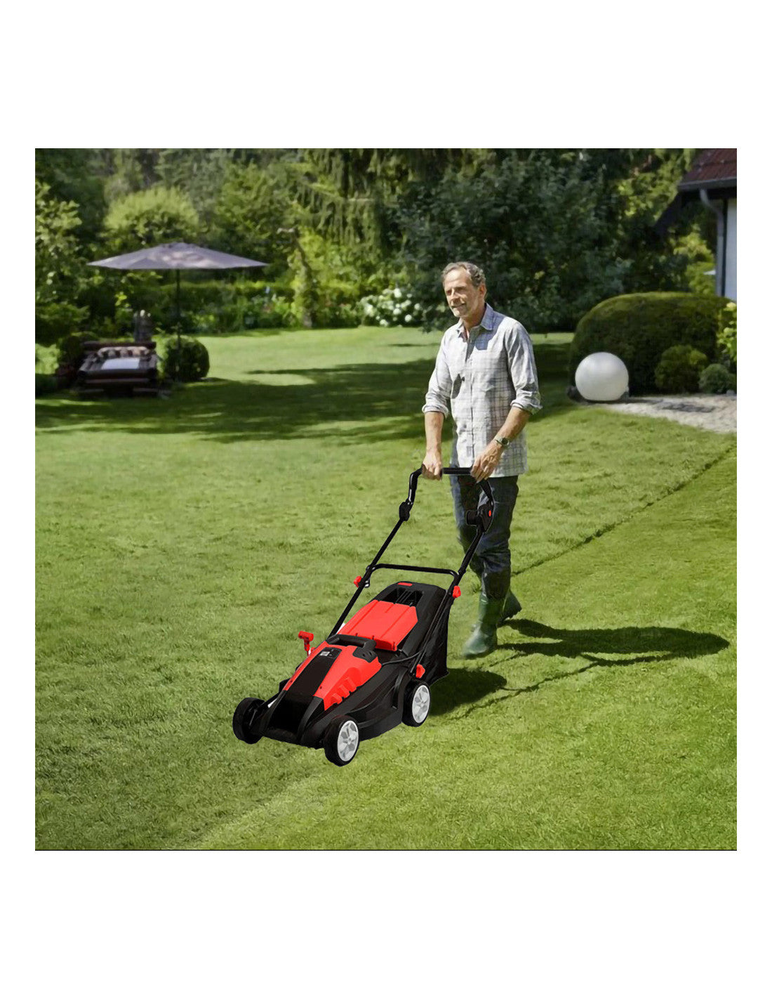 Purchase the 1600W XYM-E3005 electric lawn mower in red and black, now available in Kuwait at plantnpot.com Order online from our shop for your gardening needs.