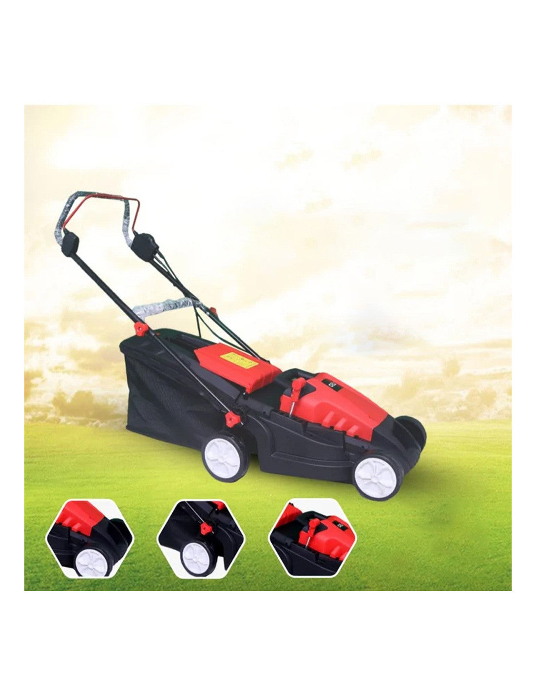 Purchase the 1600W XYM-E3005 electric lawn mower in red and black, now available in Kuwait at plantnpot.com Order online from our shop for your gardening needs.